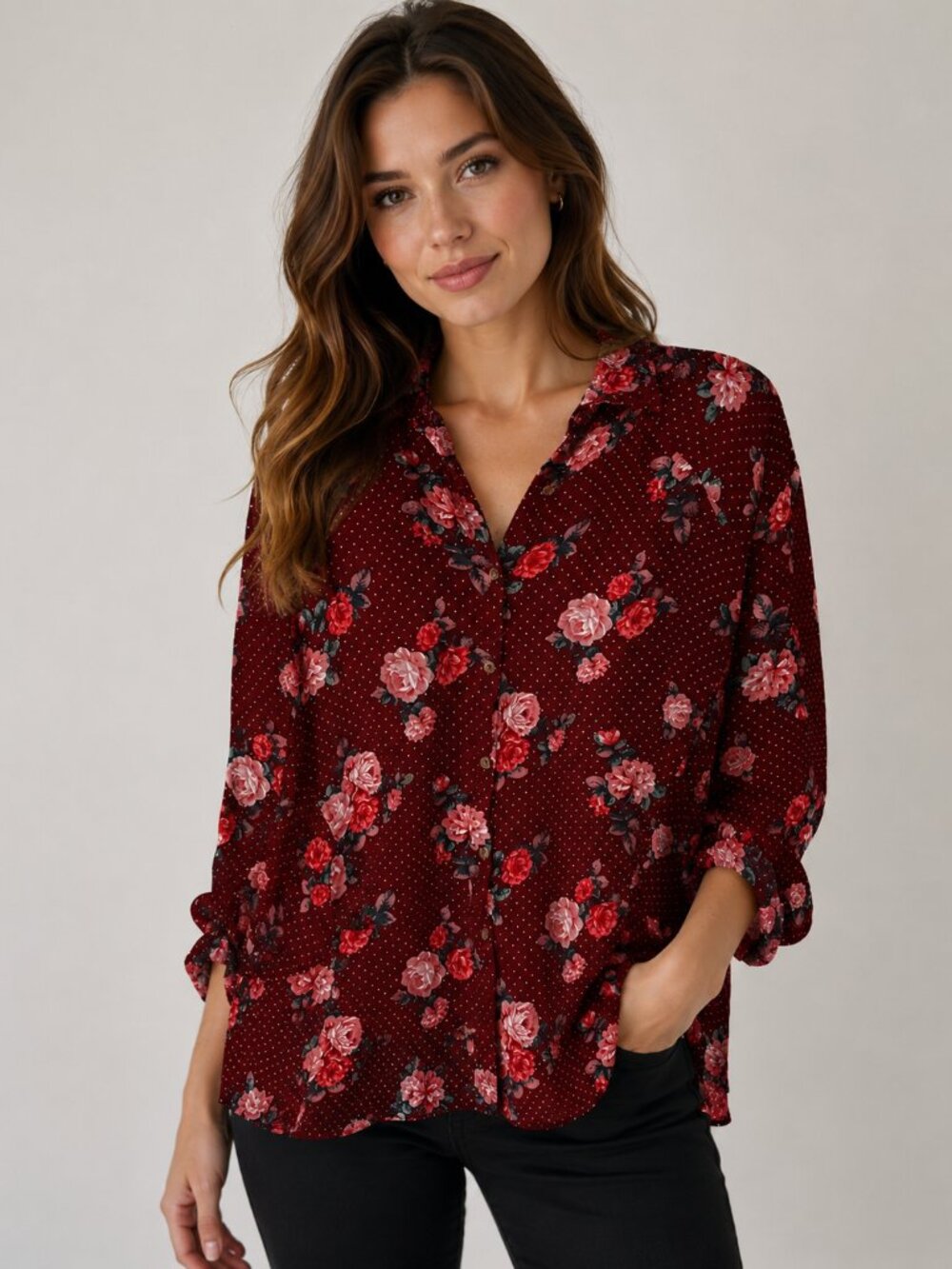 Umgee Burgundy Floral Polka Dot 3/4 Sleeve Ruffle Hem Blouse XL
